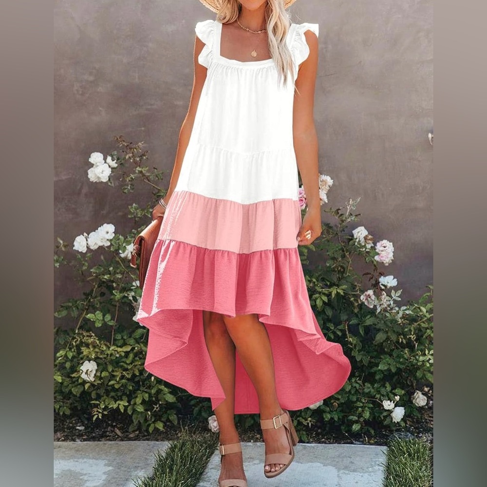 High Low Ruffle Midi Dress! White&Pink! Medium